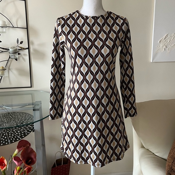 Zara Jacquard Knit Brown Geometric Retro Print Mini Shift Dress Size Small NWT - Picture 11 of 15